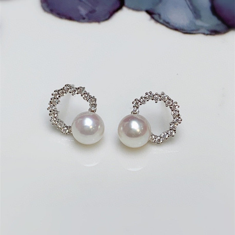 6-7MM seawater pearl round bright pure silver earrings and earrings, small and exquisite, cool and cool style earrings