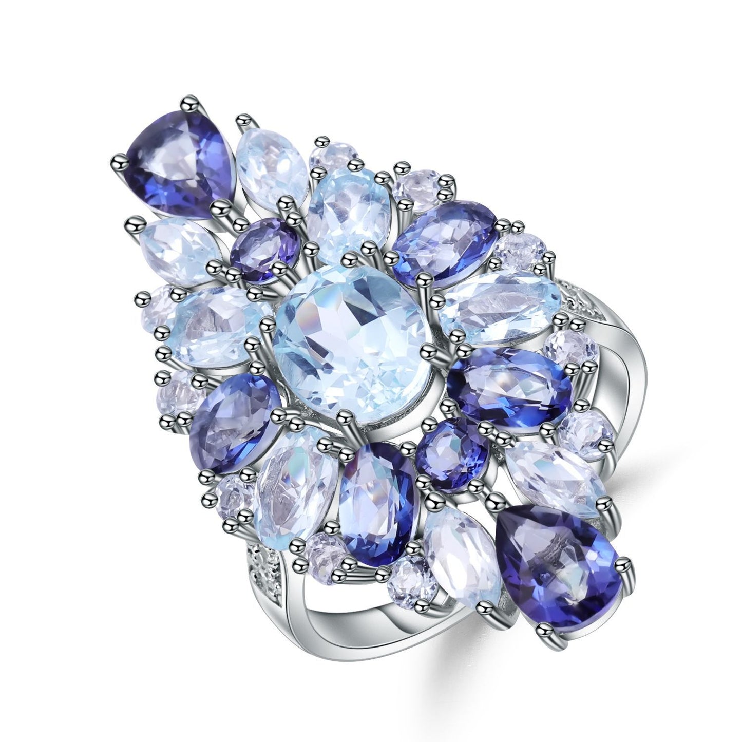 Bague cocktail en quartz mystique multicolore en topaze bleu ciel naturelle pour femme, bijou artisanal italien DF, bague en argent sterling 925 avec pierres précieuses, bijoux fins