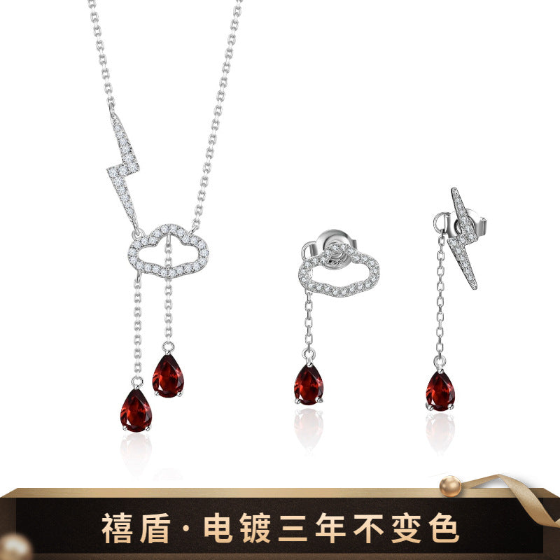 Stud Necklace Set s925 Silver Inlaid Garnet Jewelry Set