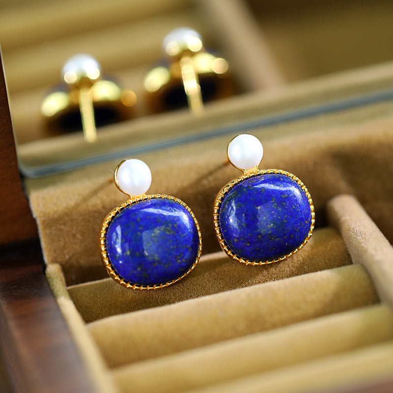 S925 silver-plated lapis lazuli egg earrings