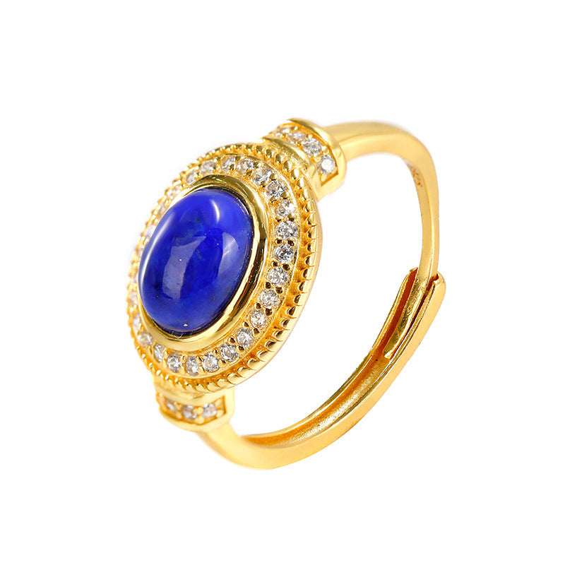 S925 Silver Inlaid Lapis lazuli Ring with Gold Plating Versatile