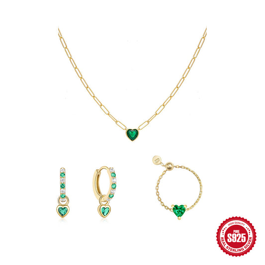 925 Silver Green Love Zircon Earrings Necklace Ring Set