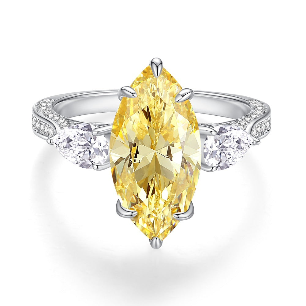 S925 Pure Silver Yellow Diamond Ring Women's Ice Flower 8A Zircon Ring Wedding Ring