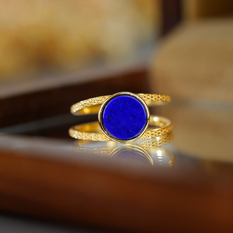 Bague lapis lazuli en argent plaqué or S925, ajourée à la mode