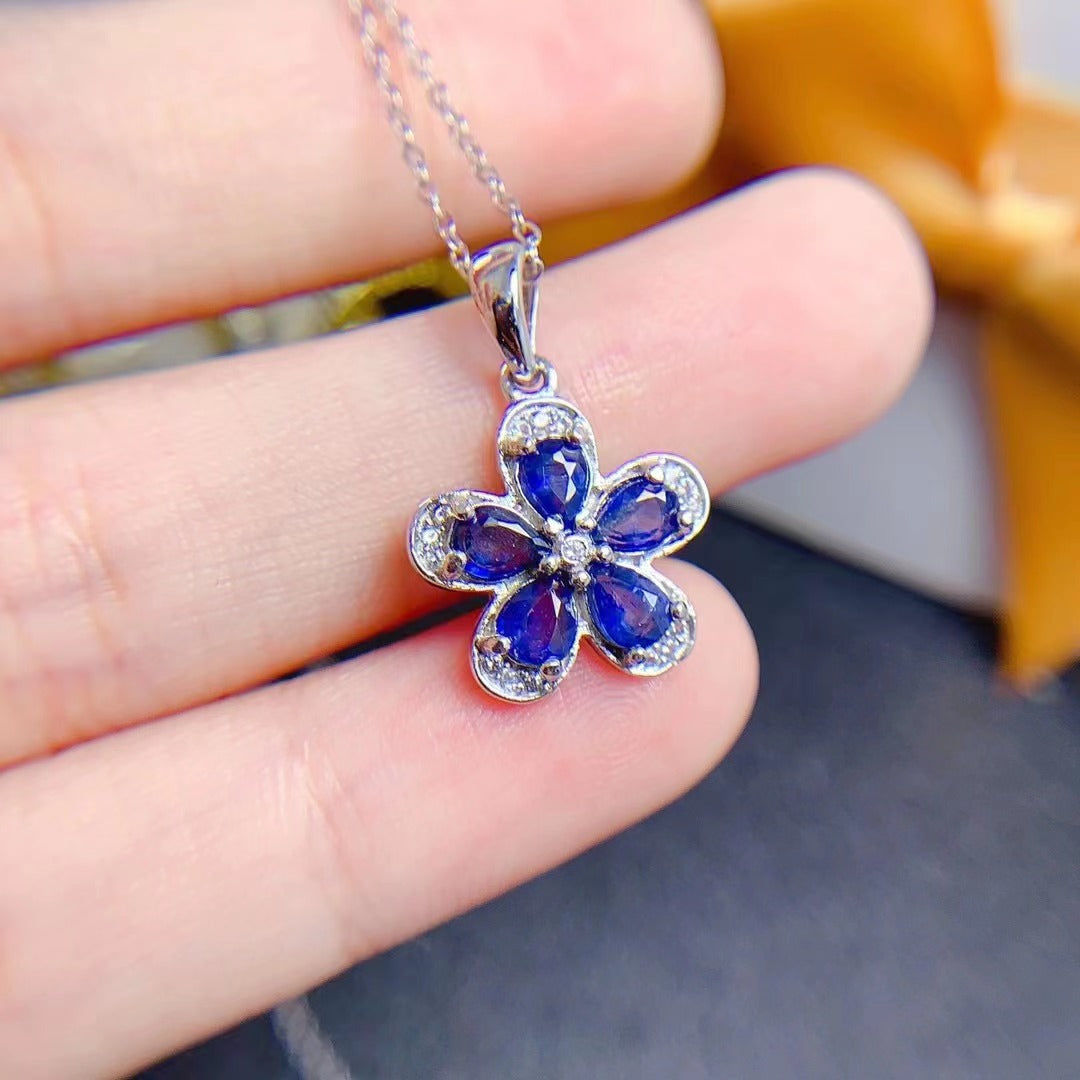 [DF]Natural Sri Lanka Sapphire Pendant high clarity 925 silver plated white gold temperament flower necklace