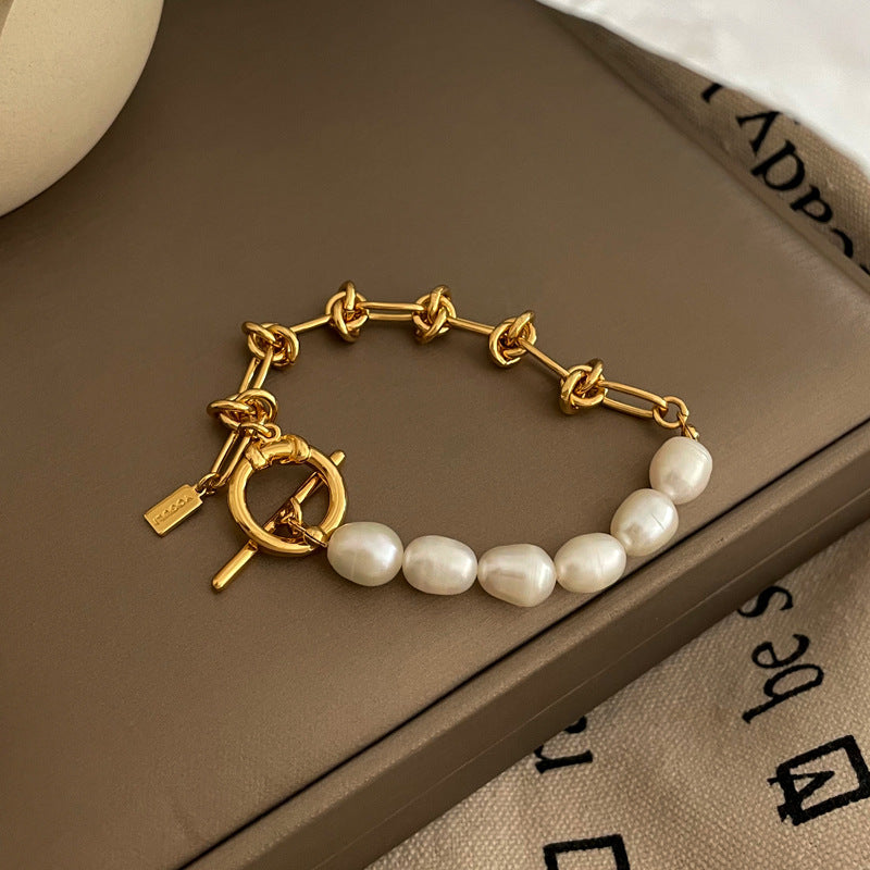 [DF]Pulsera de cadena con nudo de estilo coreano, diseño de empalme creativo personalizado, pulsera de perlas, artesanía de moda retro