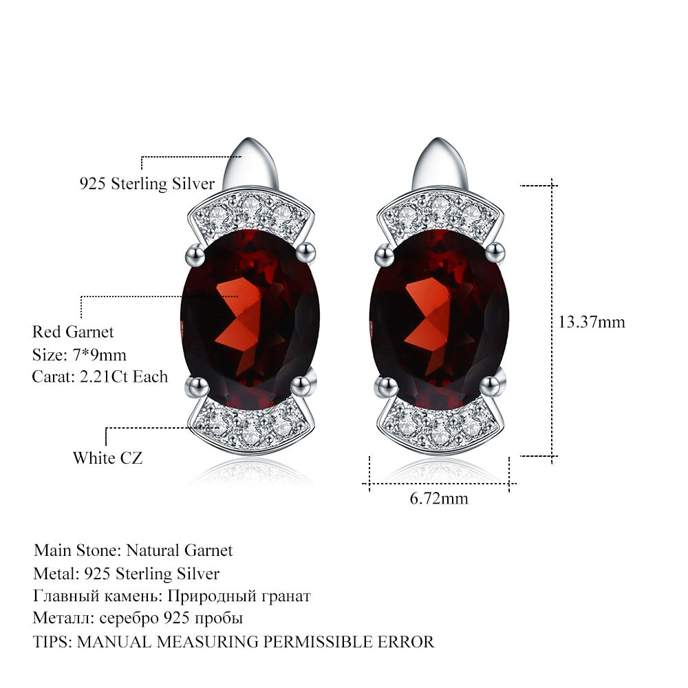 Light luxury natural garnet earrings, simple and fashionable style s925 silver inlaid natural gemstone earrings