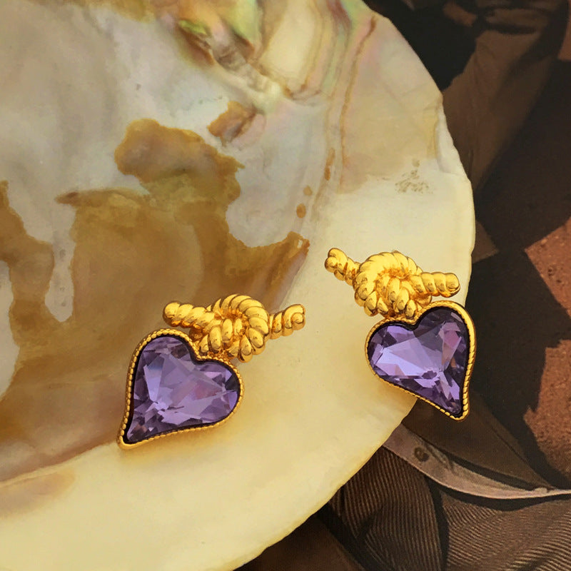 [DF] boucles d'oreilles en cuivre plaqué or S925 argent aiguille fée violet zircon amour conception de noeud personnalisé nouvelles boucles d'oreilles