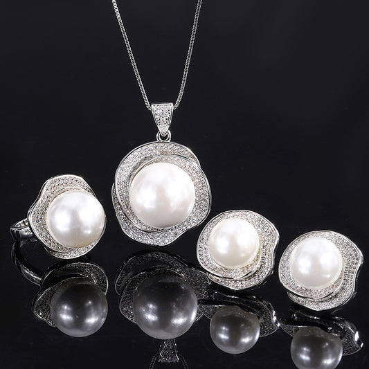 White Shell Pearl Rose Geometric Diamond Set with Independent Packaging Ring, Pendant, Earnail Set