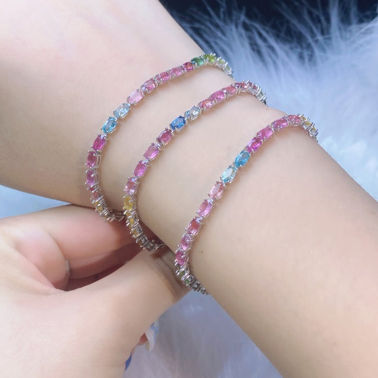 S925 silver inlaid natural tourmaline bracelet female, rainbow candy jewelry