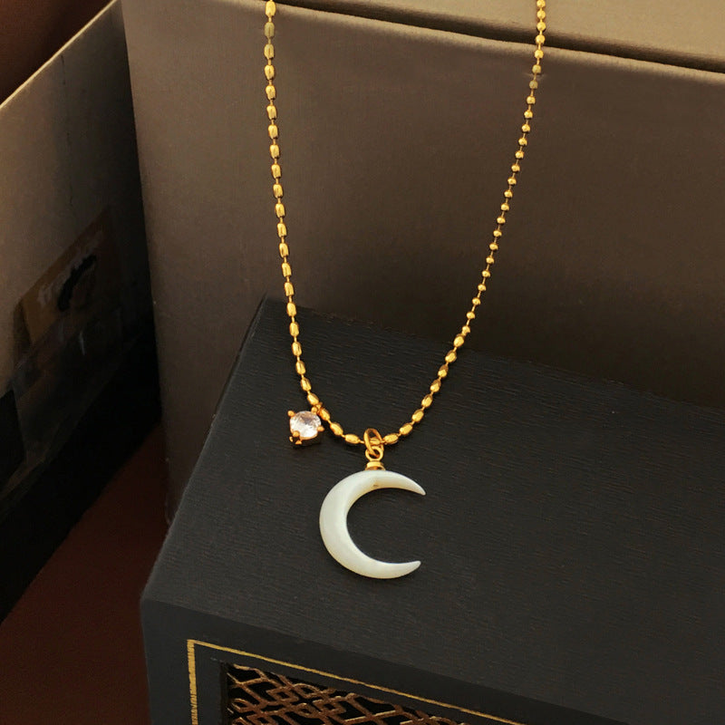 [DF]Copper plated real gold Korean simple moon design pendant necklace temperament niche trendy summer collarbone chain woman