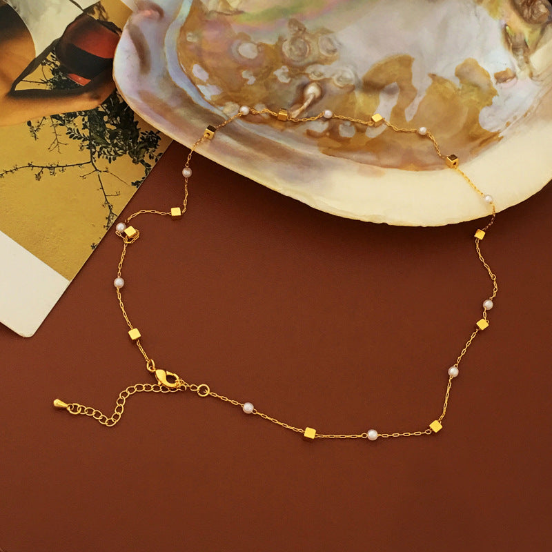 [DF]Korean niche design block pearl necklace, fashionable and popular new neck chain, summer high-end collarbone chain