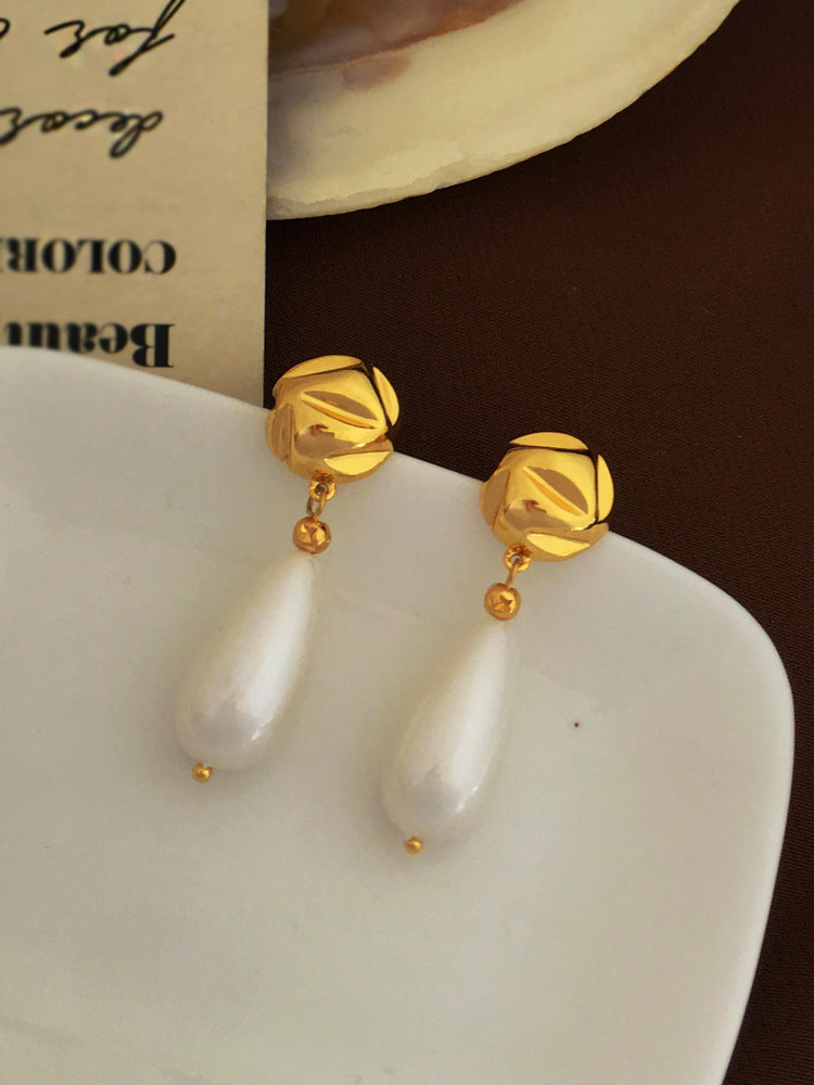 [DF]Copper plated gold S925 silver needle fashion baroque earrings simple retro drop pearl earrings earrings