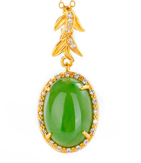 S925 Silver Plated Gold Inlaid and Tian Bi Jade Egg Faced Willow Leaf Simple and Versatile Pendant