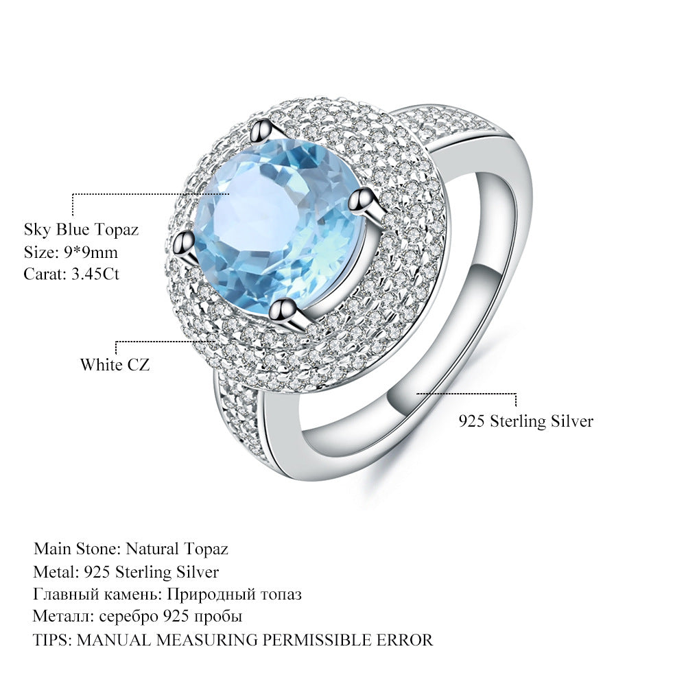 S925 silver inlaid natural topaz ring set with broken diamonds natural gem ring.