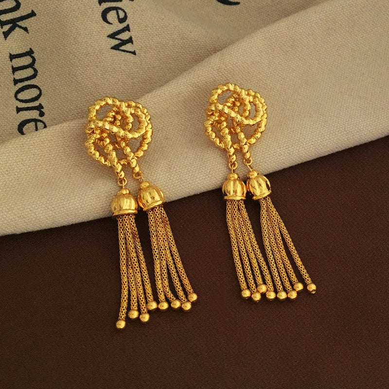 [DF]Copper plated genuine gold S925 silver needle creative knot design earrings with vintage thread tassel earrings and long earrings