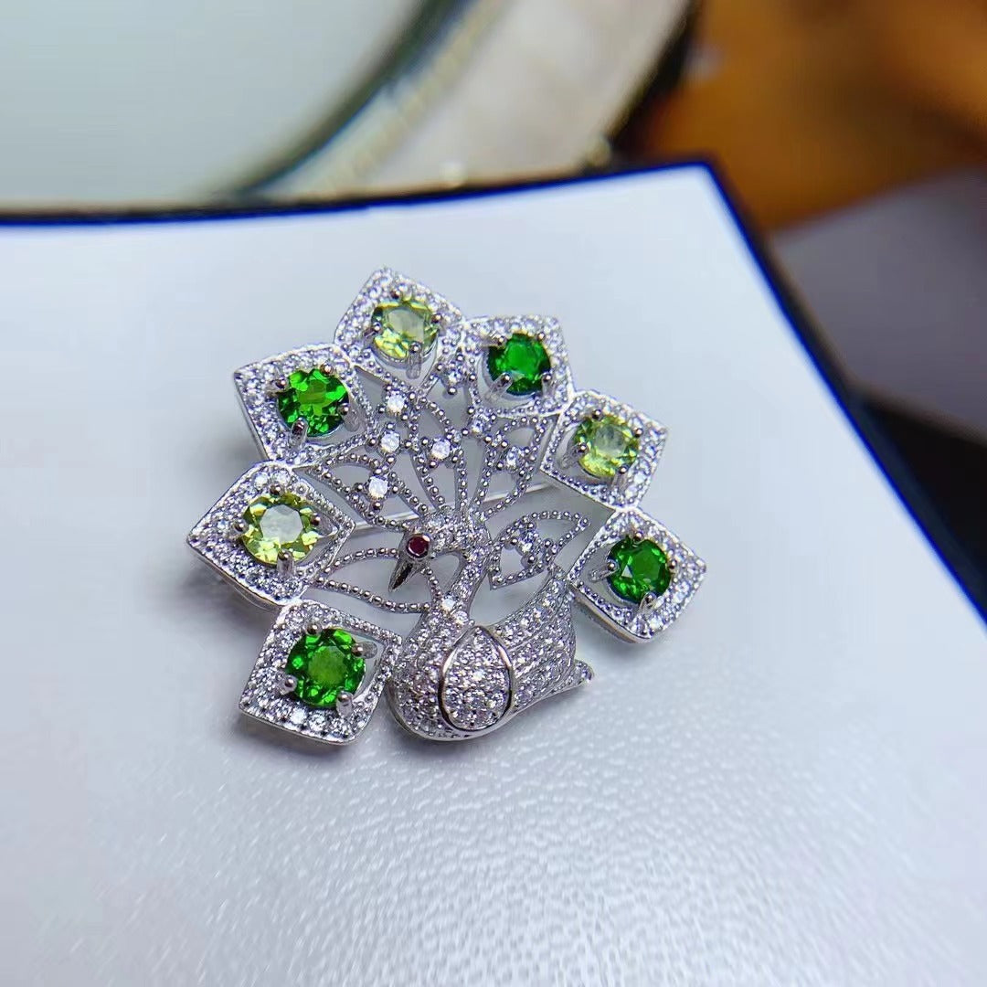 New pendant brooch dual-purpose 925 silver set natural peridot diopside necklace brooch drop-off