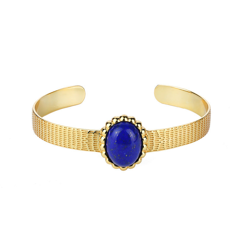 Bracelet creux en argent plaqué or S925, lapis lazuli incrusté, surface d'œuf