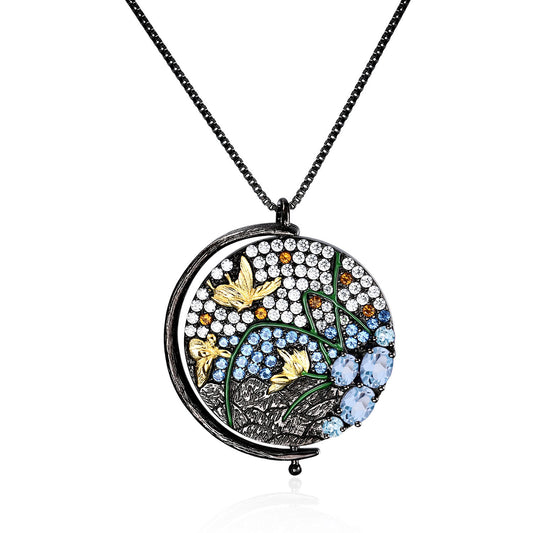 Natural Wind Motif 925 Silver Inlaid Colored Gemstone Necklace Pendant