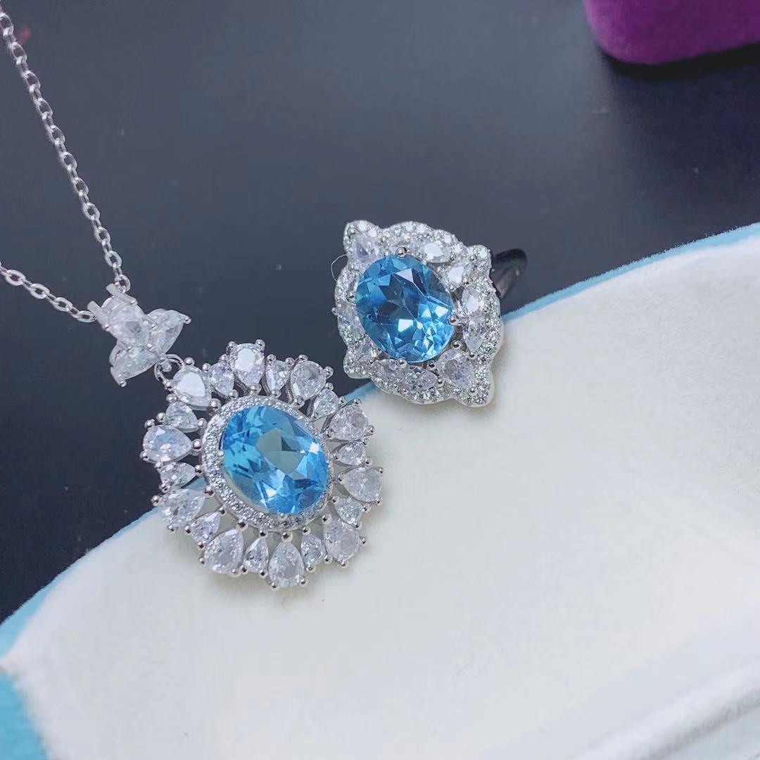 925 silver plated natural blue Topaz European ring pendant set for women