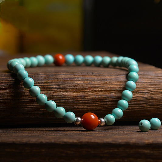 Natural raw ore turquoise bracelet with red transfer bead bracelet