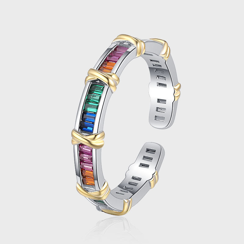 Bague croisée en argent sterling S925 avec zircon arc-en-ciel, design unique, exquis et polyvalent.