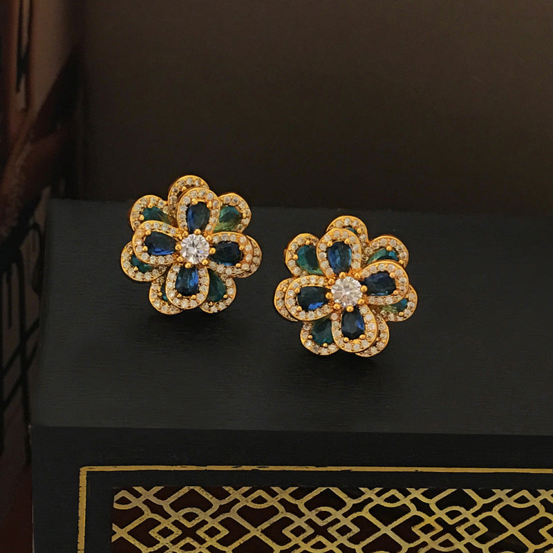 [DF]Copper plated real gold S925 silver needle French vintage court style stud earrings light luxury three-dimensional zircon flower earrings