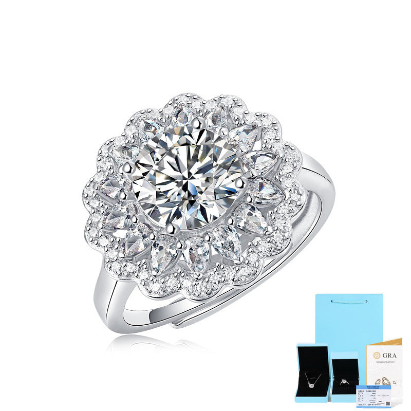 S925 Silver Mosonite Ring, Floral Women's New Trendy Ring