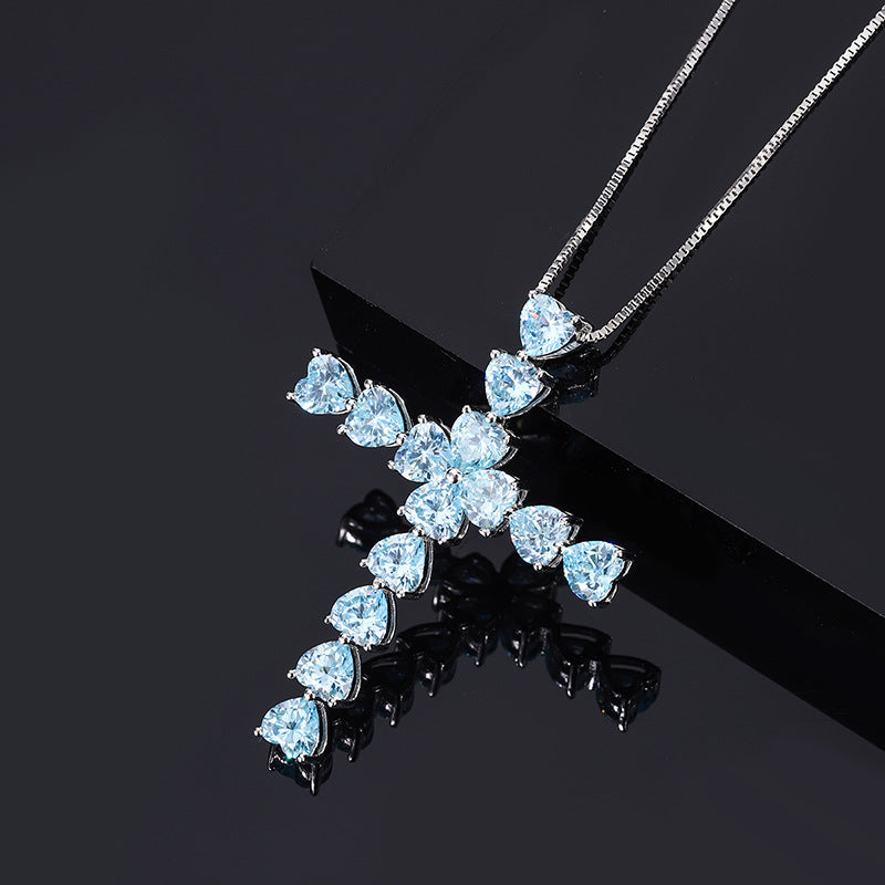 S925 Full body Silver Ocean Blue Treasure Seiko Full Diamond Heart shaped Cross Necklace Pendant