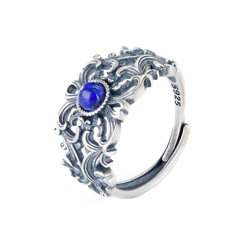 Bague lapis-lazuli en argent S925, style rétro et Vintage