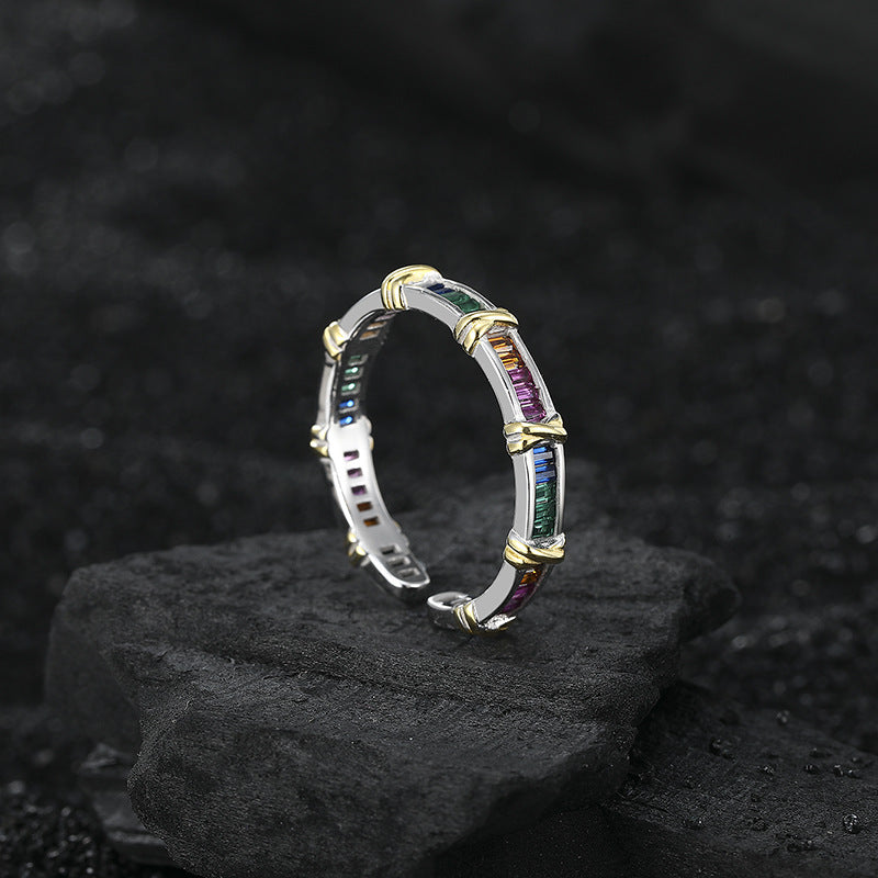 Bague croisée en argent sterling S925 avec zircon arc-en-ciel, design unique, exquis et polyvalent.