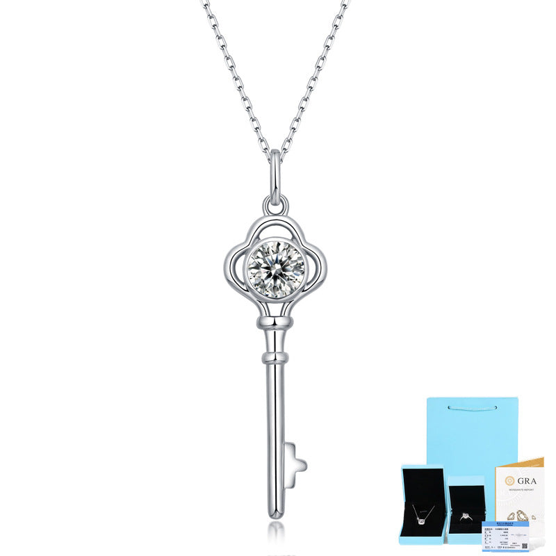 Collier clé en argent S925 avec pendentif moissanite, chaîne de clavicule pour femmes