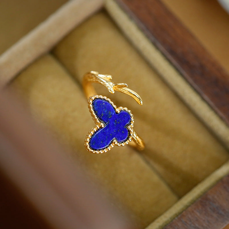 S925 Silver Plated Gold Inlaid Lapis lazuli Ring Butterfly Ring Opening