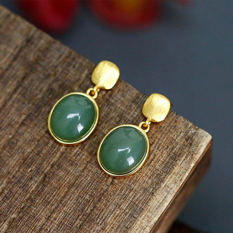 Pendientes con forma de huevo de jade azul con incrustaciones de oro y baño de plata S925, exquisitos y sencillos