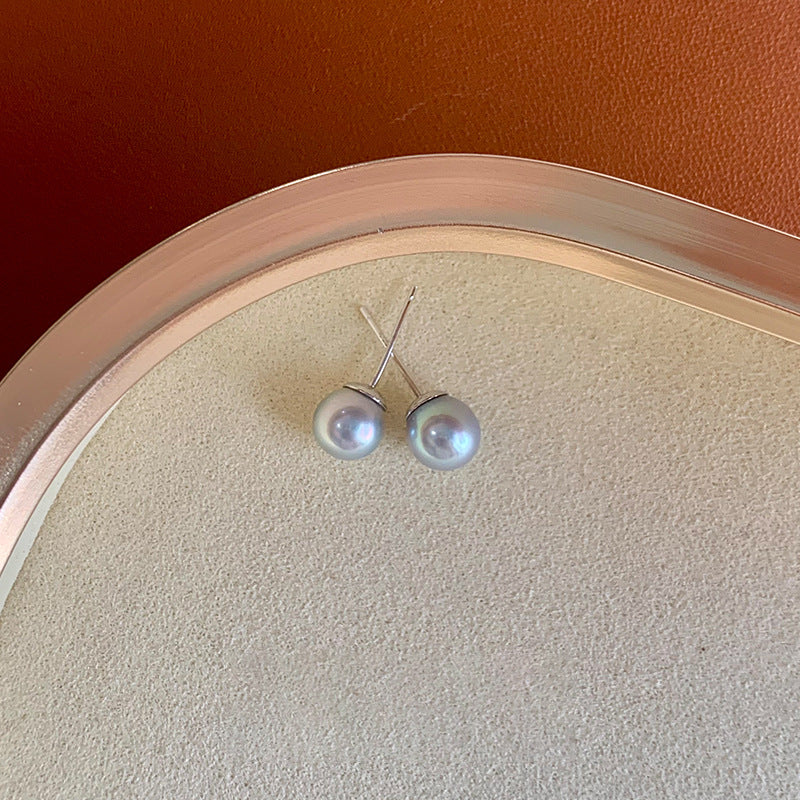 [DF]Elegant Blue Gray Akoya Pearl Stud Earrings in 18K Gold