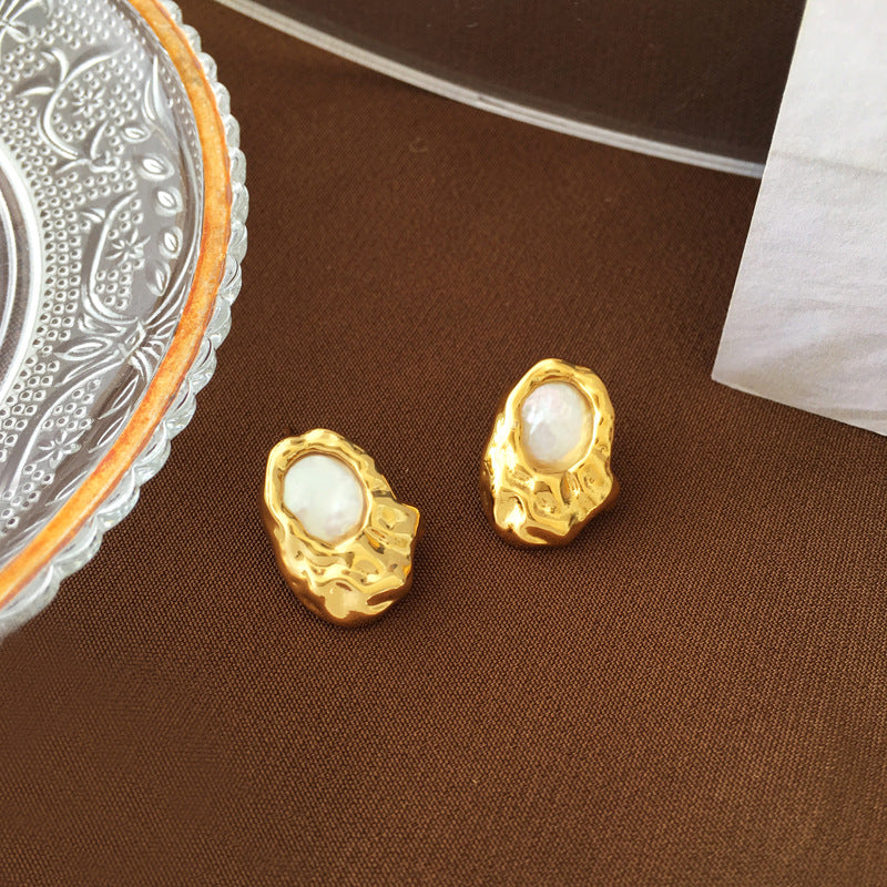 [DF]Pendientes de estilo barroco retro personalizados de oro genuino bañados en cobre con pendientes de perlas geométricas irregulares, pendientes pequeños para mujer