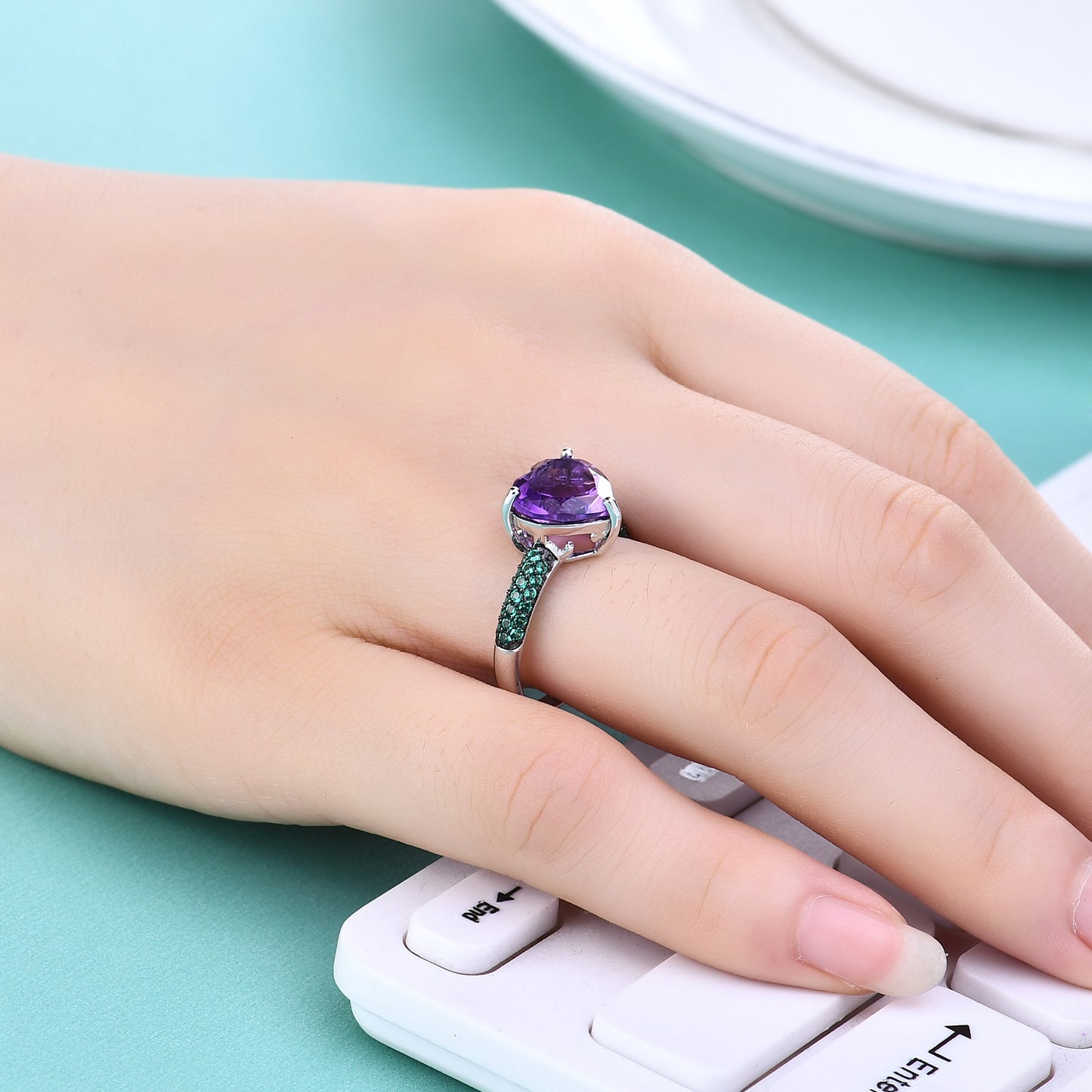 Love shaped gemstone ring s925 sterling silver inlaid with natural gemstone amethyst ring