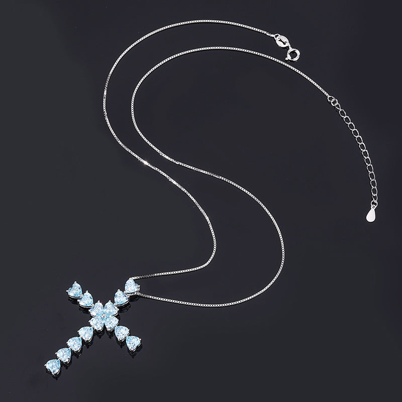 S925 Full body Silver Ocean Blue Treasure Seiko Full Diamond Heart shaped Cross Necklace Pendant