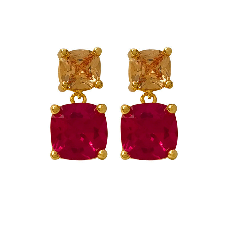 [DF] Boucles d'oreilles en cuivre plaqué or véritable S925 avec aiguille en argent rose doux en zircon rouge pour femmes, style incrusté, boucles d'oreilles petites et haut de gamme