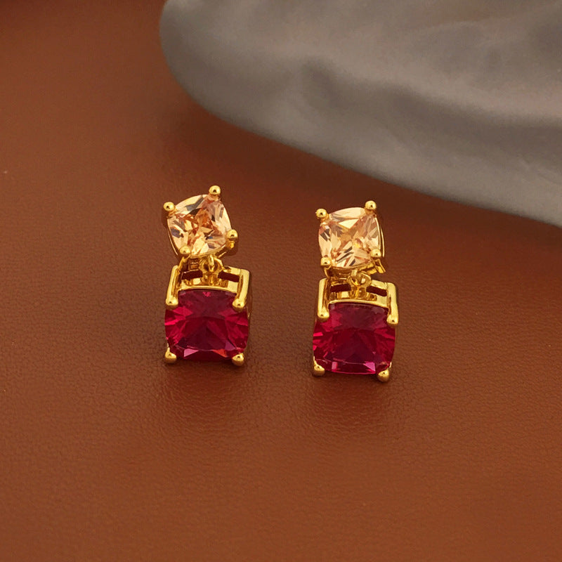 [DF] Boucles d'oreilles en cuivre plaqué or véritable S925 avec aiguille en argent rose doux en zircon rouge pour femmes, style incrusté, boucles d'oreilles petites et haut de gamme