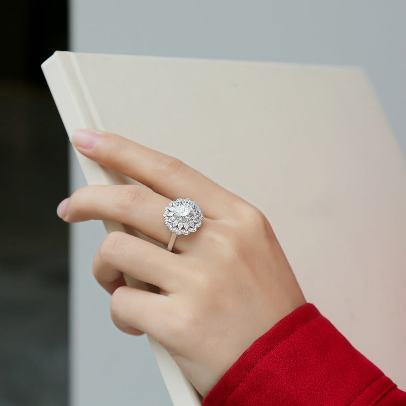 Anillo de plata S925 con mosonita, nuevo anillo de moda para mujer con diseño floral