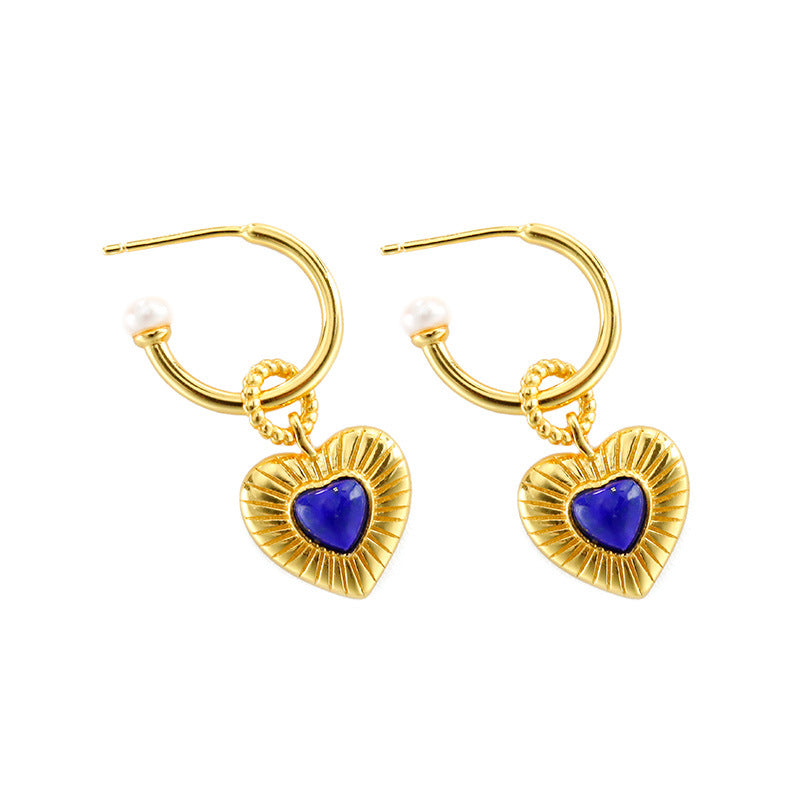 Boucles d'oreilles à boucle en T, plaqué argent S925, incrusté de lapis-lazuli, amour