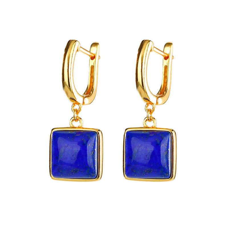 S925 silver plated gold inlaid lapis lazuli block geometric earrings, simple and versatile earrings