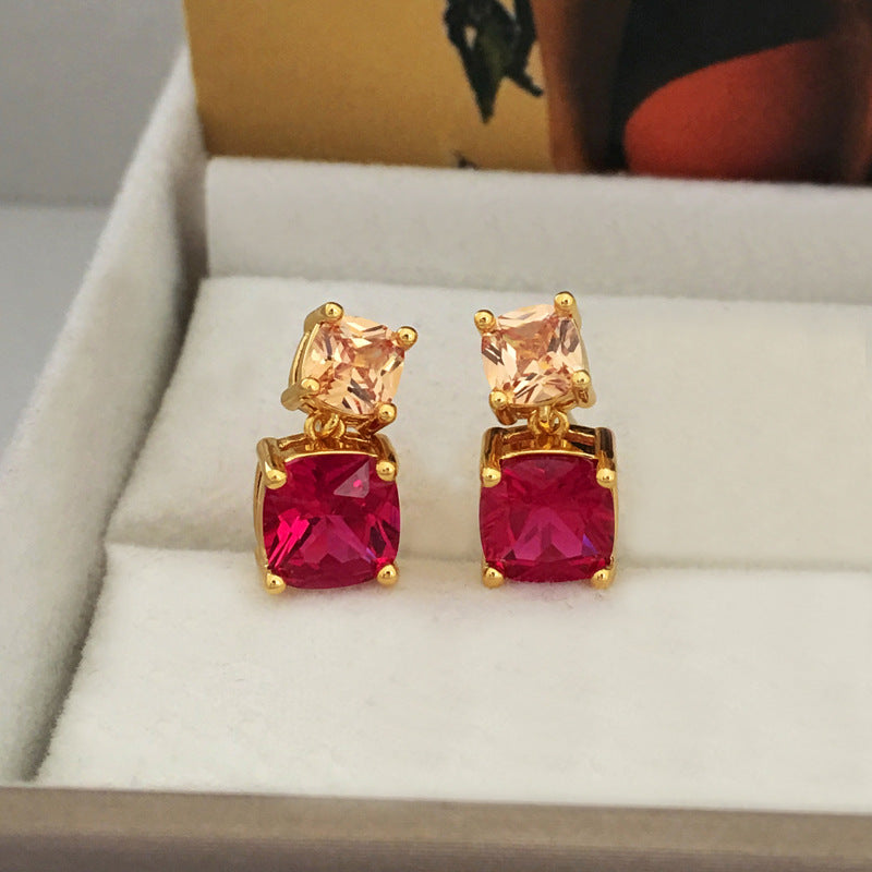 [DF] Boucles d'oreilles en cuivre plaqué or véritable S925 avec aiguille en argent rose doux en zircon rouge pour femmes, style incrusté, boucles d'oreilles petites et haut de gamme