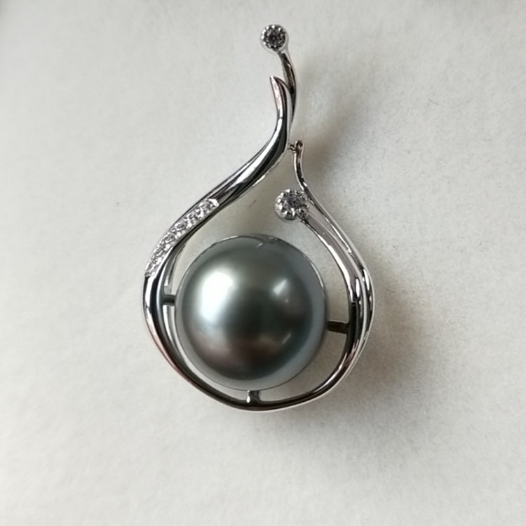 18K gold and white gold pendant Tahiti Sea water black Pearl pendant pendant 9-10mm round flawless pearl