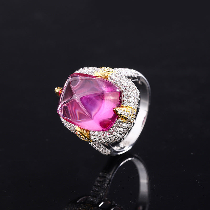 Juego de anillo colgante con diamantes de imitación de piedra preciosa de color rosa y rojo cuadrado de torre de azúcar de plata S925, tamaño principal 12 x 16