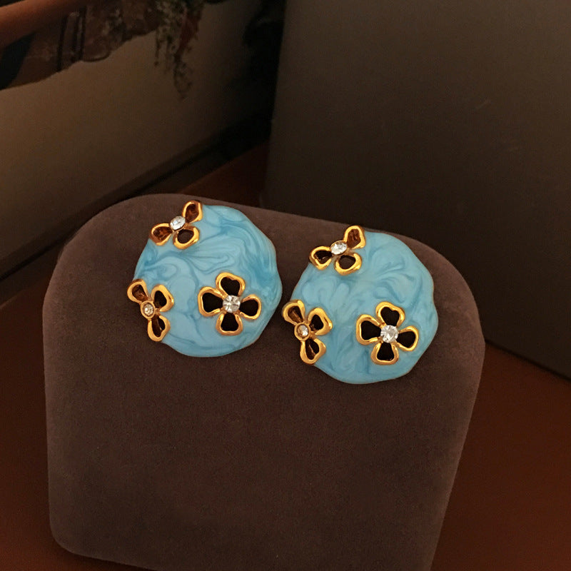 [DF]Pendientes pequeños y frescos de verano con forma de aguja de plata S925 bañados en cobre y oro genuino estilo coreano con diseño geométrico ahuecado en azul para mujer