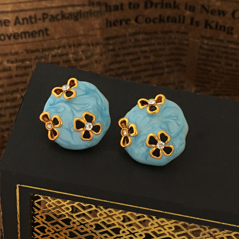 [DF]Pendientes pequeños y frescos de verano con forma de aguja de plata S925 bañados en cobre y oro genuino estilo coreano con diseño geométrico ahuecado en azul para mujer