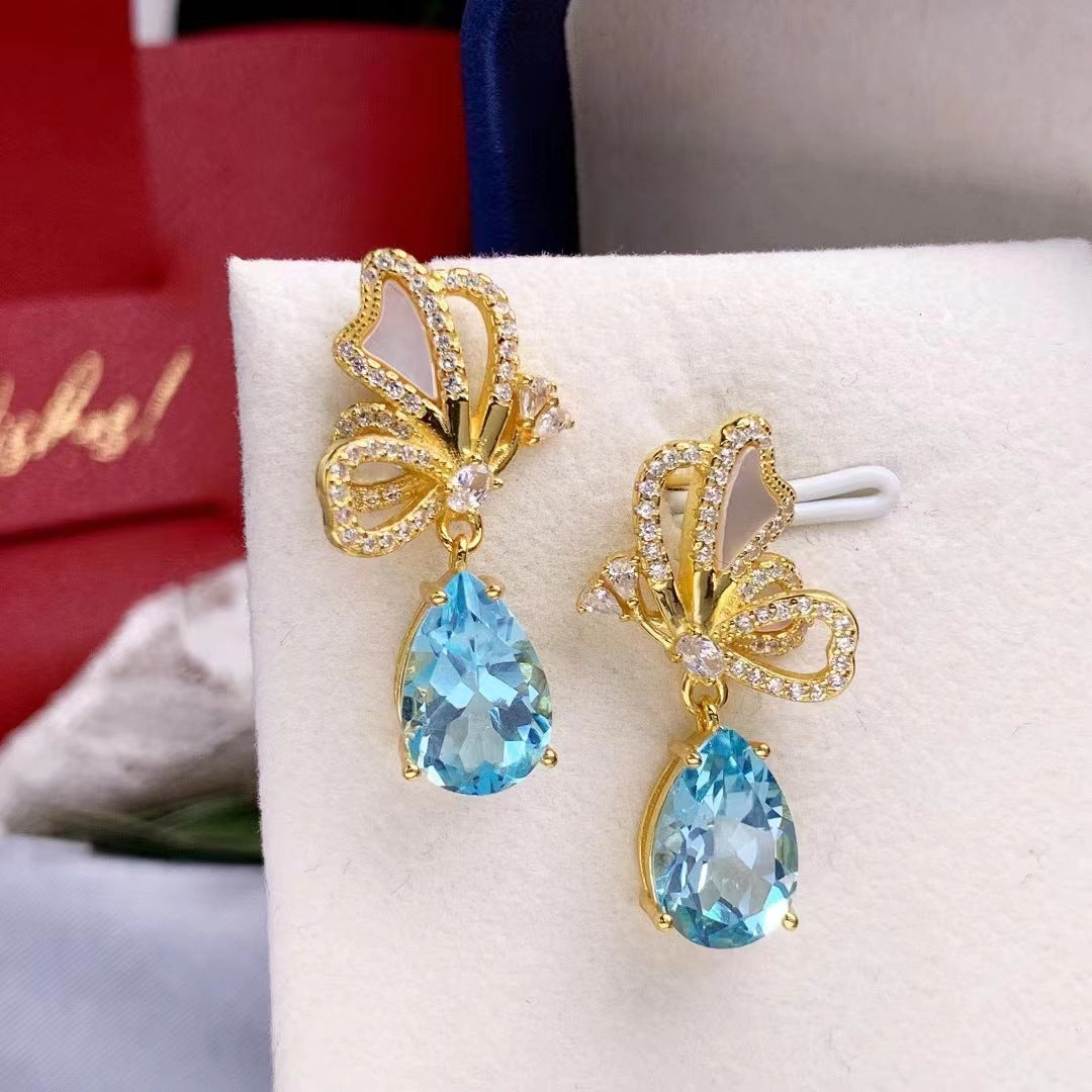 Topaz Water Drop Earrings S925 Silver Inlaid Topaz Butterfly Water Drop Fashion Earrings