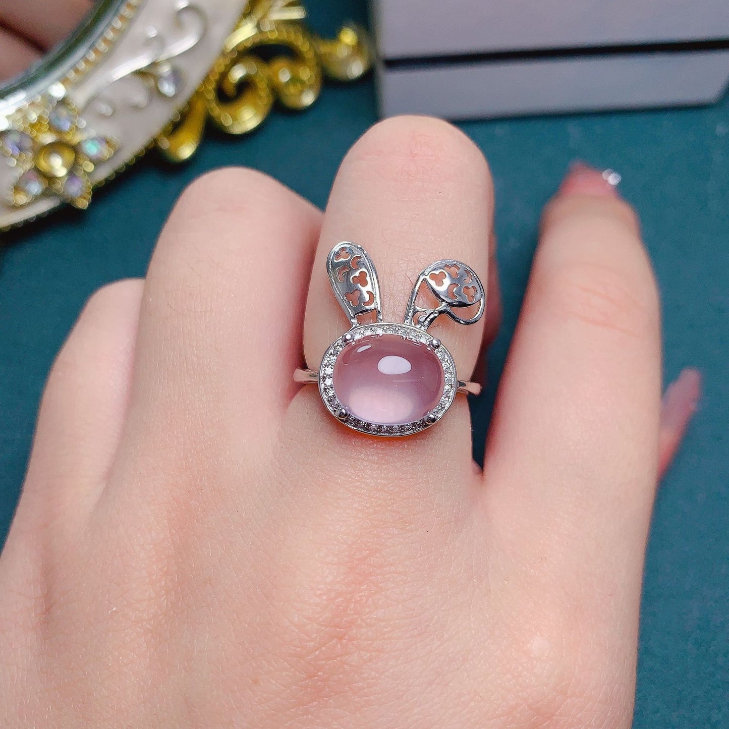 New Natural Mozambique Pink Crystal Set 925 Silver Inlaid Rabbit Ring Pendant Set